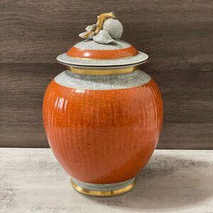 Vintage Royal Copenhagen 50s Orange Grey Craquele Crackle Vase Fruit Finial Lid